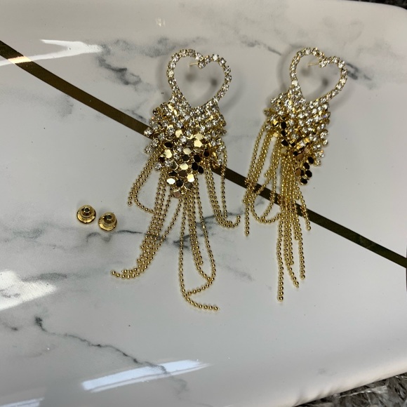 Champagne gold needle love tassel long earrings - Picture 9 of 15